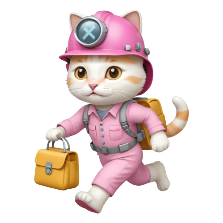 A cute white and pink cat dressed as engineer with a  a white helmet running fast carrying her cute  bag sticker