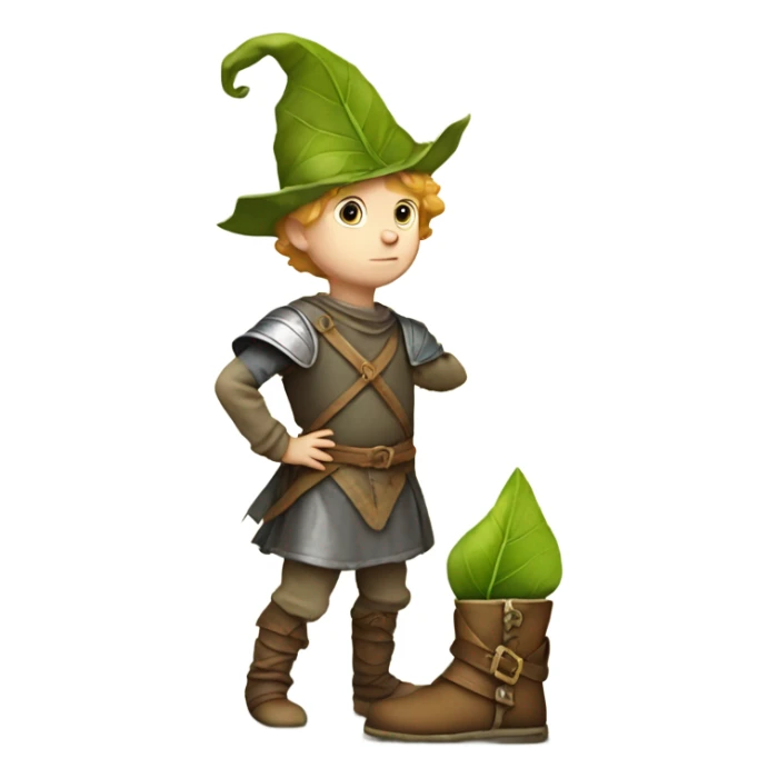 Medieval little whimsical little boy who is pale and he has a leaf hat and is about to get stepped on by a giant boot sticker