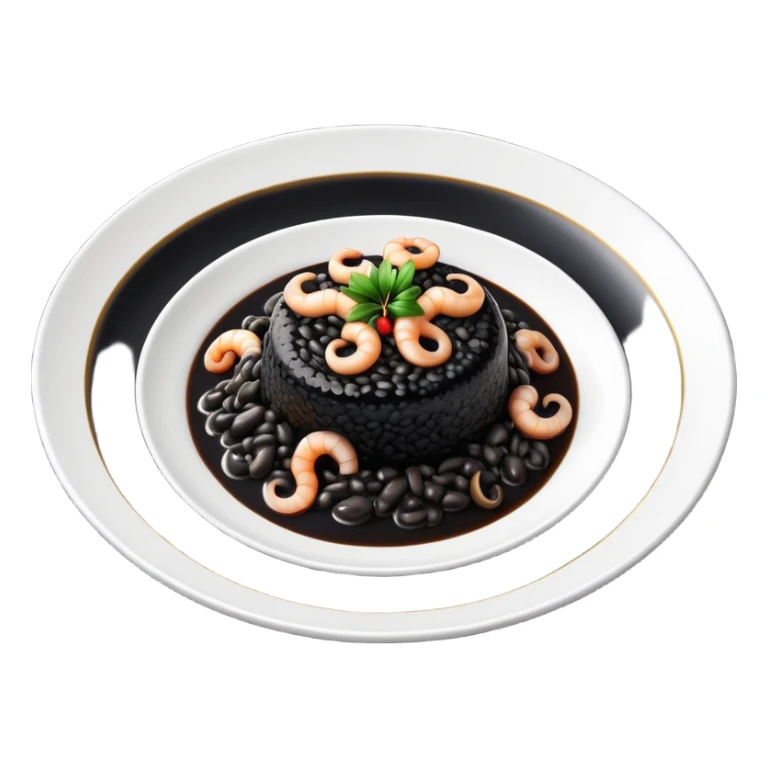 cinematic-realistic-black-risotto-dish-emoji,-showcasing-small squid pieces in black sauce -rendered-with-bold-textures-and-dynamic,-dramatic-lighting in a white plate sticker