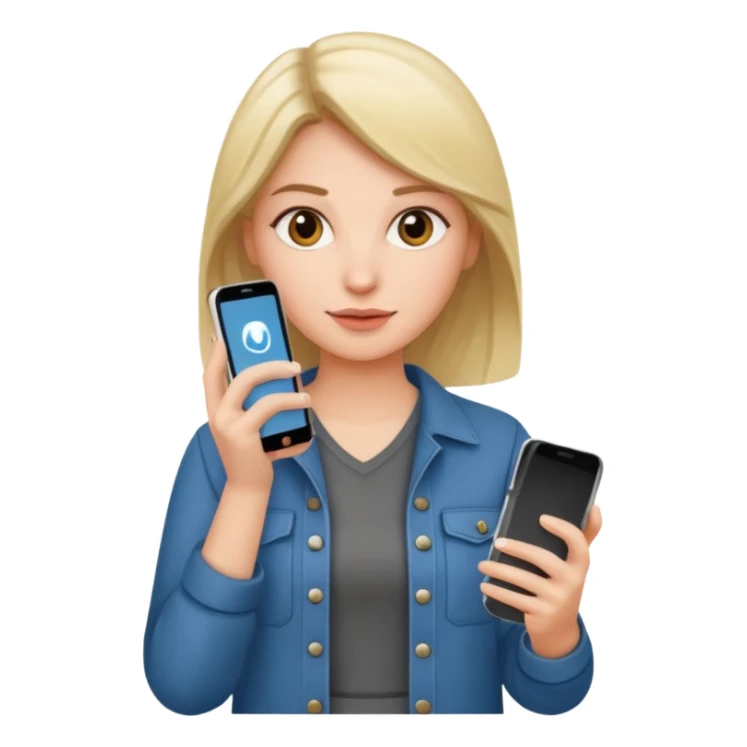 woman casual clothes holding one phone sticker