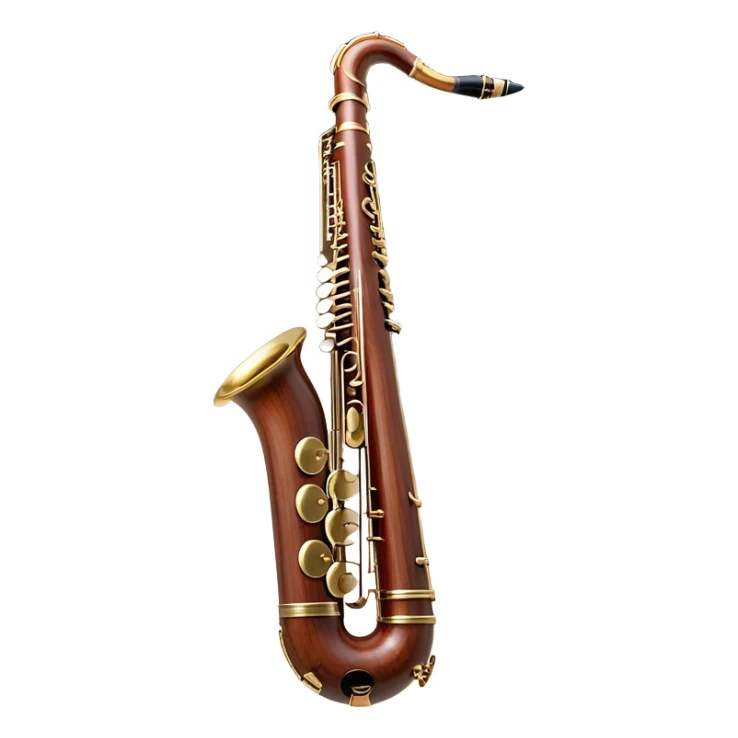 Create an elegant and detailed emoji representing a professional bassoon. The design should feature the sleek wooden body of the bassoon with its rich wood tones, showing the intricate keywork and metal springs. The metal tubing of the instrument should be clearly visible, with polished brass accents. Highlight the bell and the distinctive, curved shape of the instrument. The mouthpiece and reed should be visible at the top, emphasizing the functional details. Use warm wood tones like dark brown, with gold and brass accents for the keys and fittings. Add soft musical notes or soundwaves to represent the deep, resonant sound of the bassoon. The background should be transparent. sticker
