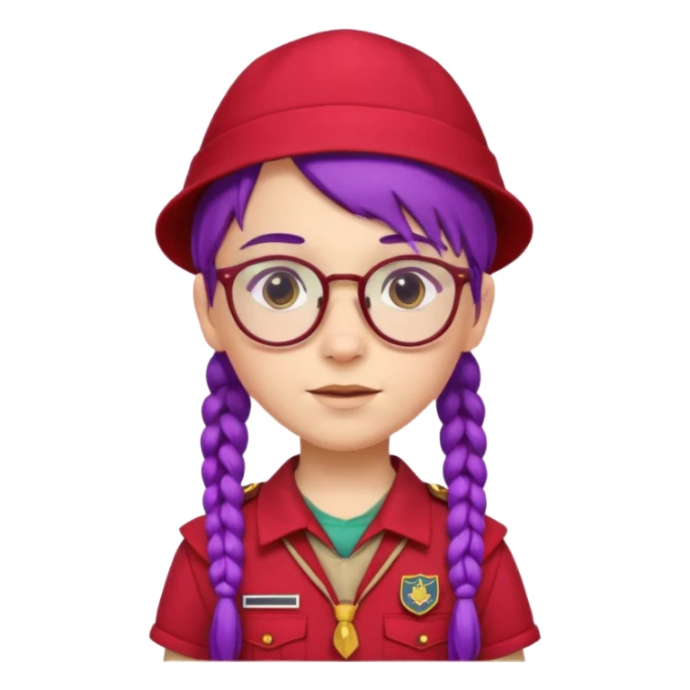 red uniform wearing scout kid with braids and glassess with hat purple haired sticker