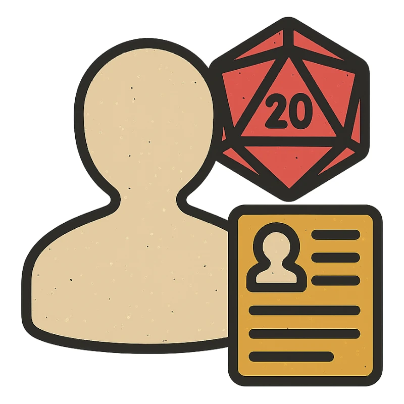 minimalist icon representing Player for DnD TTRPGs with silhouette, D20 dice, or character sheet, worn and distressed look sticker
