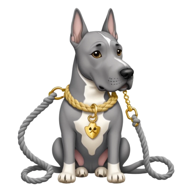 Gray Great Dane with white rope collar and rope Leash with gold accents  sticker