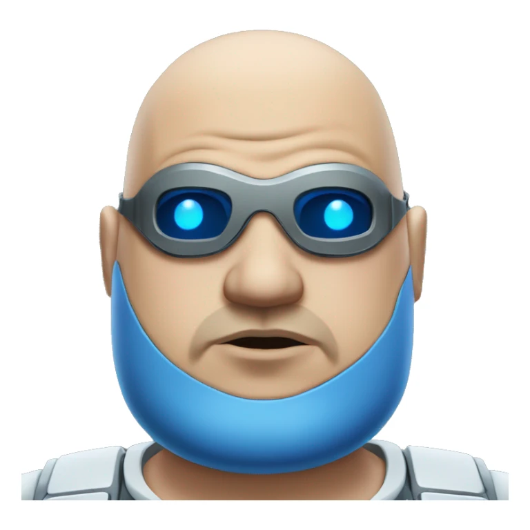 Fat bald cyborg head with tan skin, blue beard, blue goggles and circuits sticker