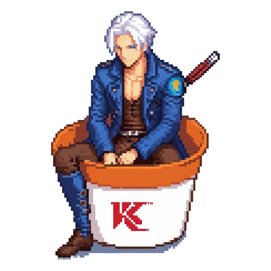 Vergil from Devil May Cry sitting in a KFC bucket, blue coat, white hair, katana sticker