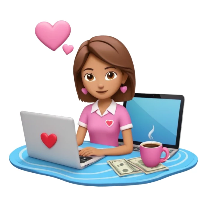 3D clay character relaxed with laptop and coffee, floating icons (envelope, heart, dollar), colofrful outfit, pink (#FF6B9D) floating icons, white laptop, Pixar style, transparent background sticker