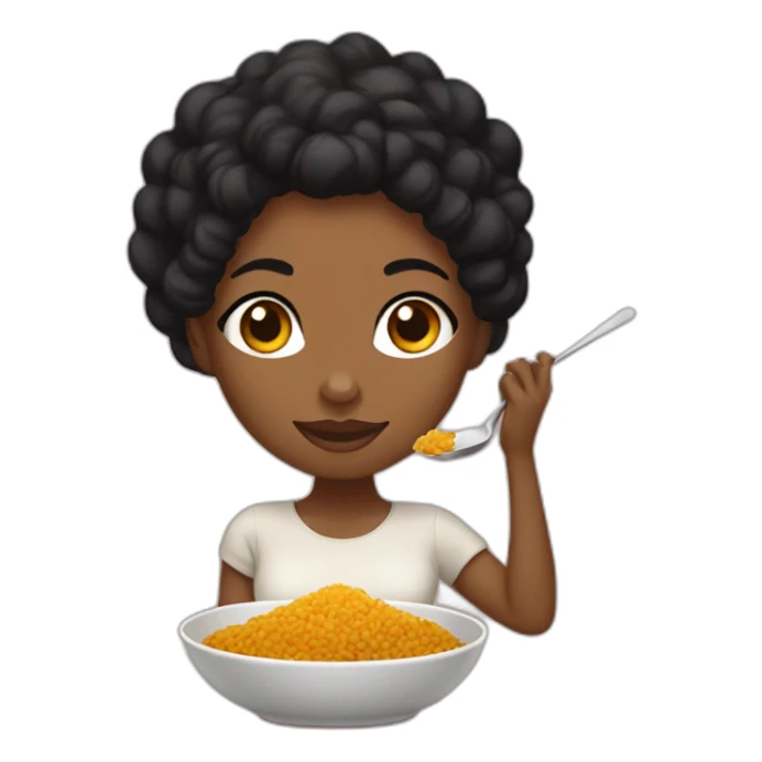 Black woman with black short hair in a bun, eating rice with curry sticker