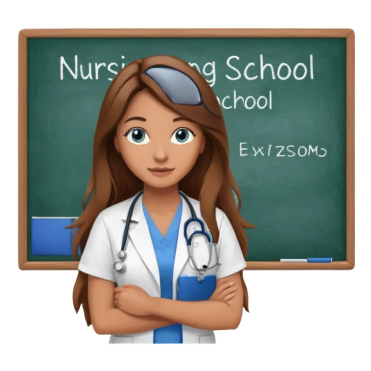 inside a classroom at university that says nursing school on the board with a pretty female nursing student with long brown hair, blue eyes sticker