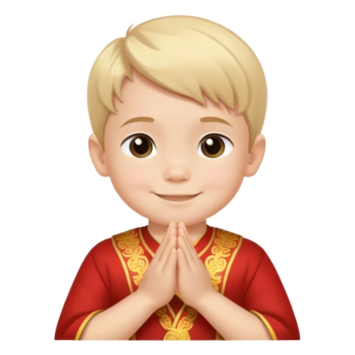 Cute 5-year-old fair-skinned boy, hands clasped together in Thai style, looking at the camera and smiling slightly sticker