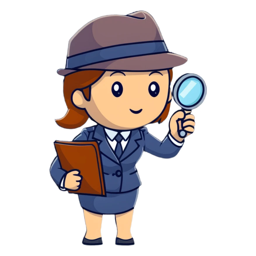 businesswoman with a detective hat and magnifying glass, looking closely at something sticker