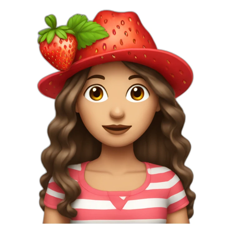 Brunette girl with long hair and strawberry hat sticker