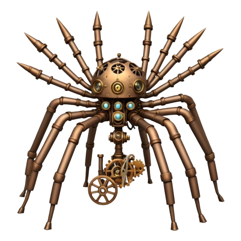 Eight Legged mechanical walking machine made of steel with people riding aboard. Is very steampunk sticker