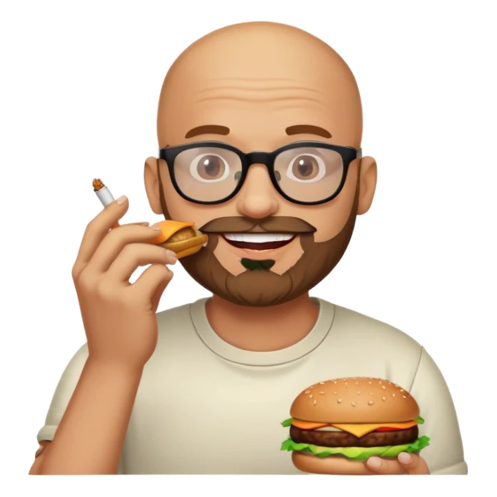 Happy bald man with beard and glasses eating a burger and smoking weed sticker