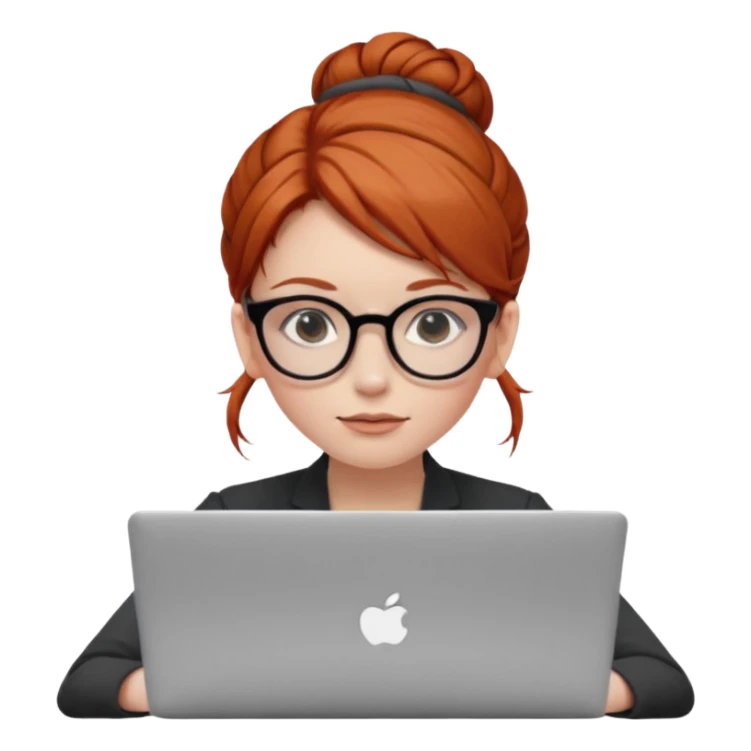 hair in a bun redhead female with glasses focused on a laptop sticker