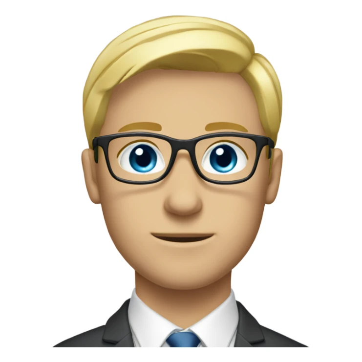 Blond male with medium short hair, blue eyes, in a suit, with glasses sticker