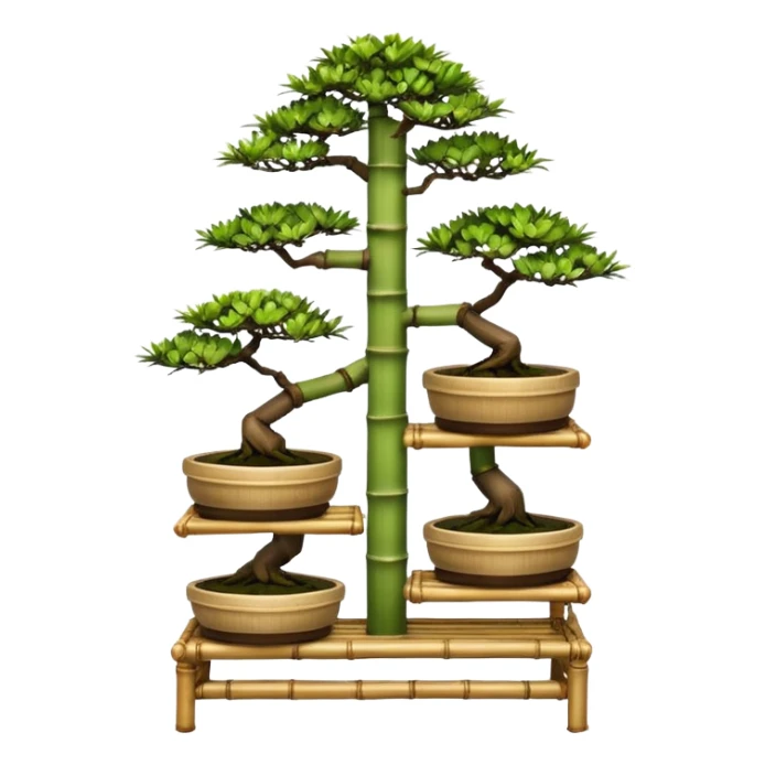 Three tiered bonsai planters stand, shelving holding six specimens,frame made of one inch thick bamboo  sticker
