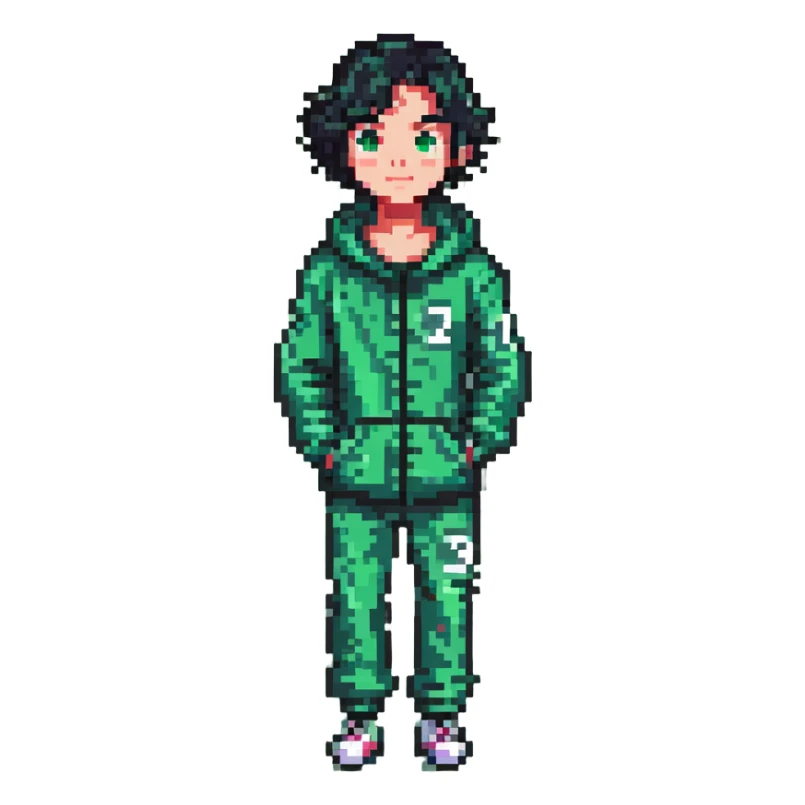 male character in a green Squid Game tracksuit with number 333, smirking, sharp black eyes, messy short black hair, slight stubble, flipping a coin, mysterious and strategic expression, pixel art style sticker