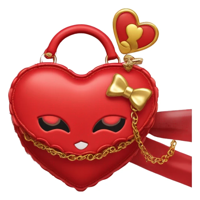 This is a heart-shaped handbag in glossy red material with a scalloped edge. It features a decorative bow and the text “Sleepy Kitty” embossed in gold. The bag is adorned with two small red heart-shaped accents attached to gold chains, forming the handle. sticker