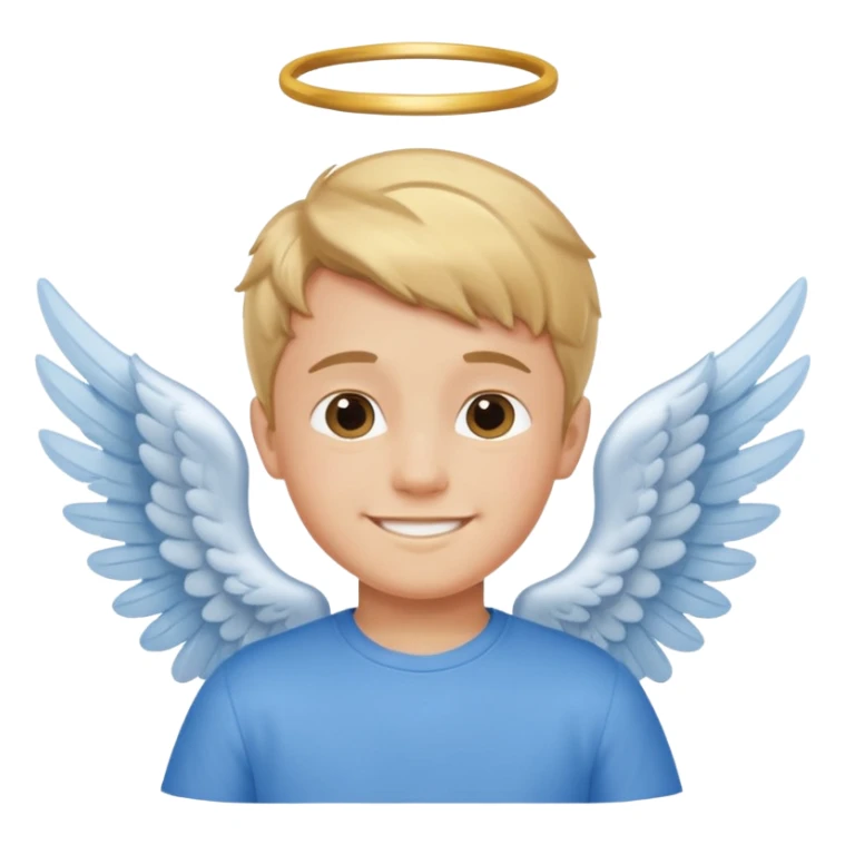 smiling boy in blue shirt with angel wings sticker