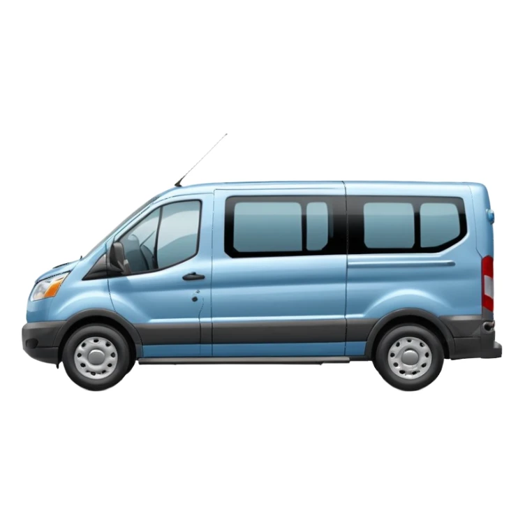 light blue Ford Transit passenger wagon, side profile facing right, small sticker