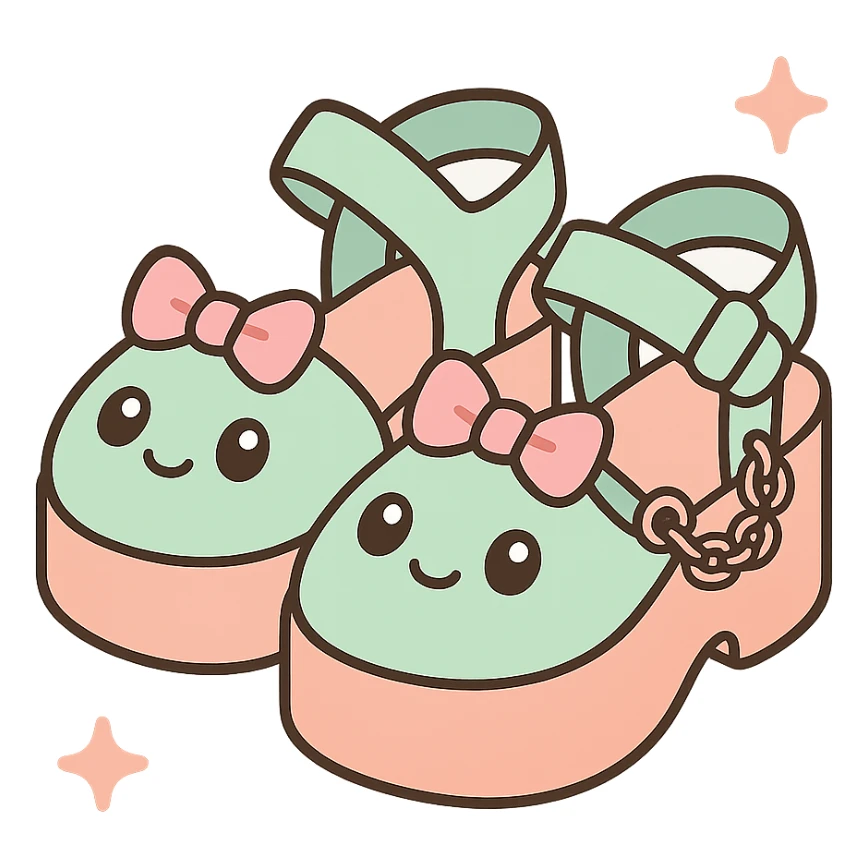 Transform these primarily black kawaii gothic shoes with pink and pastel accents, silver studs and chains, into platform sandals, no socks, no hearts, transparent background sticker