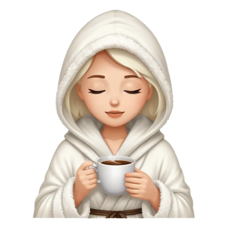 Woman wearing a fluffy hooded robe sipping coffee with her eyes closed sticker