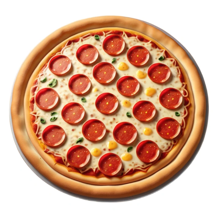 "A whole pepperoni pizza, hyper-realistic, glossy 3D illustration, soft studio lighting, bright red pepperonis, yellow cheese, brown crust, white background, iOS emoji style." sticker