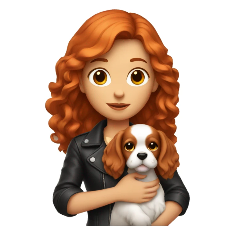 red-haired girl in leather holding a Cavalier puppy sticker