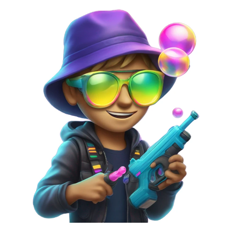 Caucasian boy in glowing rave gear with sunglasses and mask and hat and shooting a bubble gun sticker