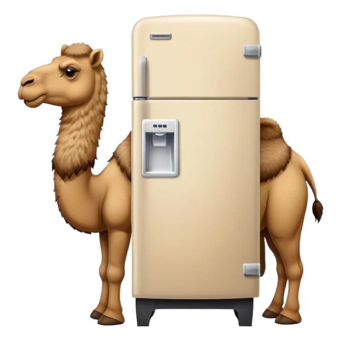 A white refrigerator with a camel head sticking out from the top and four camel legs with Timberland boots coming out from the bottom sticker