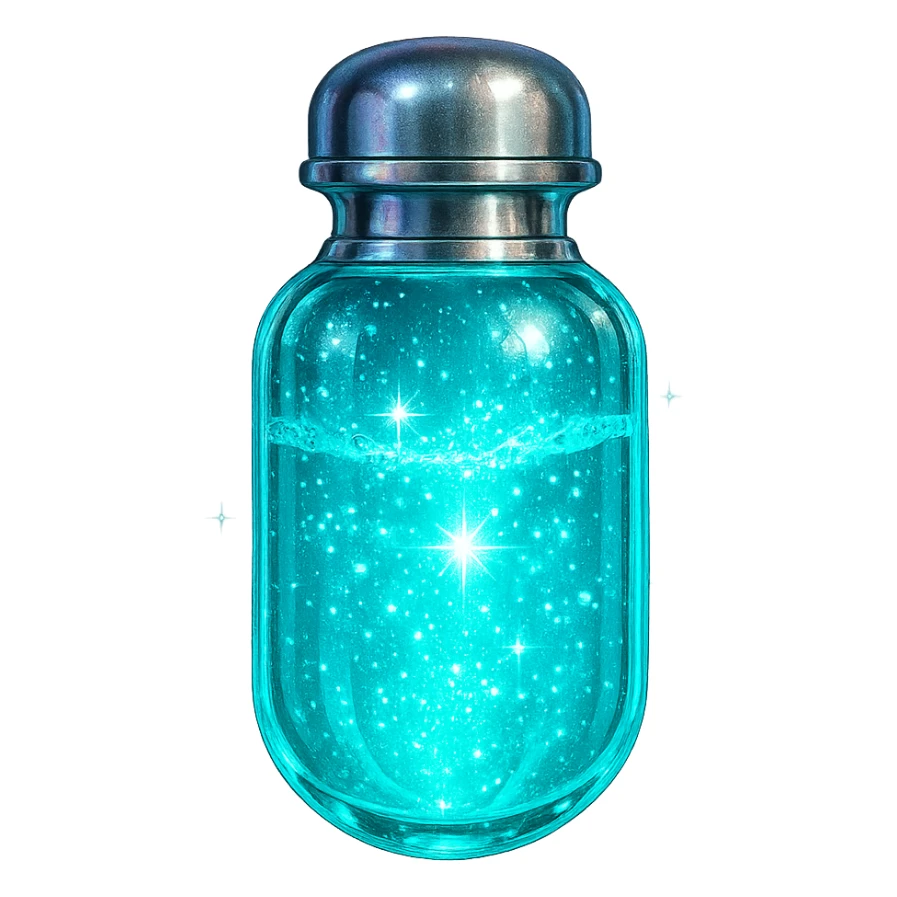 capsule-shaped luxurious elixir bottle, cyan color, iridescent and silver details, intense magical glowing and sparkling effects, very small neck, seamless bottom, transparent background, floating, no base or shadow, modern, matching a collection sticker