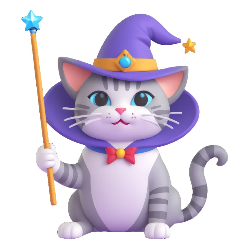 A cat wizard with a pointy hat and a magic wand with a cat companion. sticker