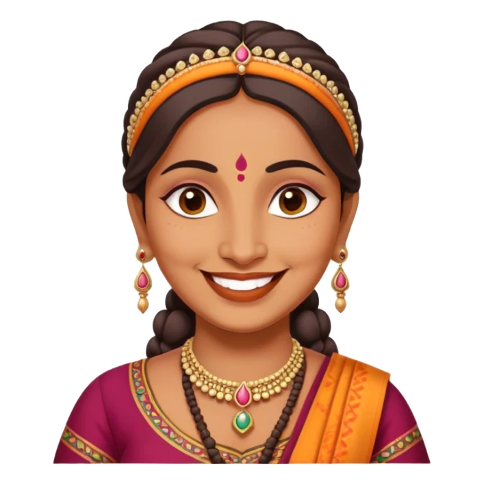 A cheerful Indian aunt (mausi) character with a plump face, smiling, wearing traditional Indian clothing and a bindi sticker