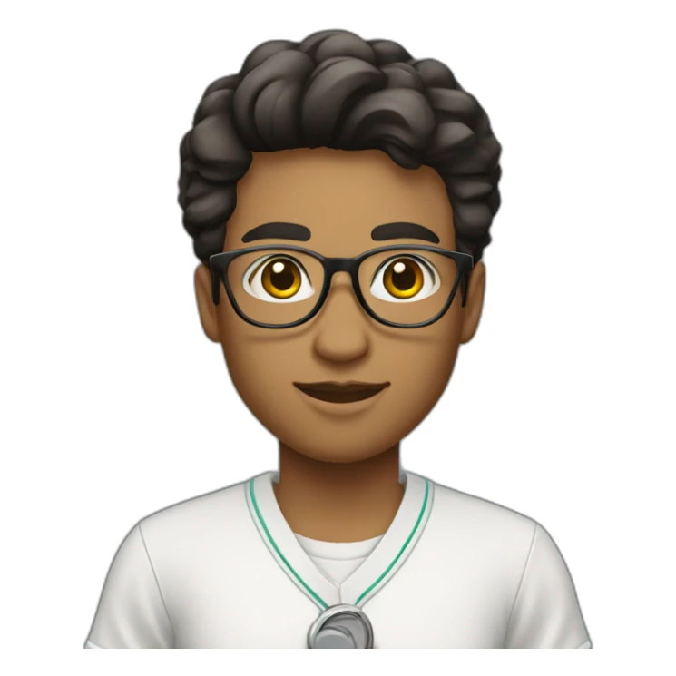 college student wearing white short sleeve uniform and black pants with eyeglass sticker