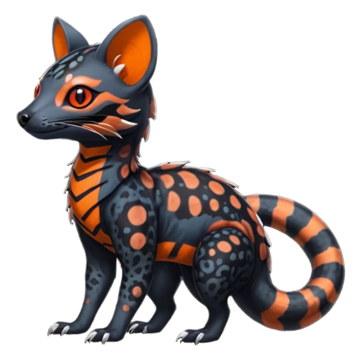 Rare warm-colored exotic edgy epic aesthetic spooky dark modern colorful cyber-Genet-Trico-Salandit-Civet-species-Fakemon-hybrid-creature, with beautiful intricate markings, full body sticker