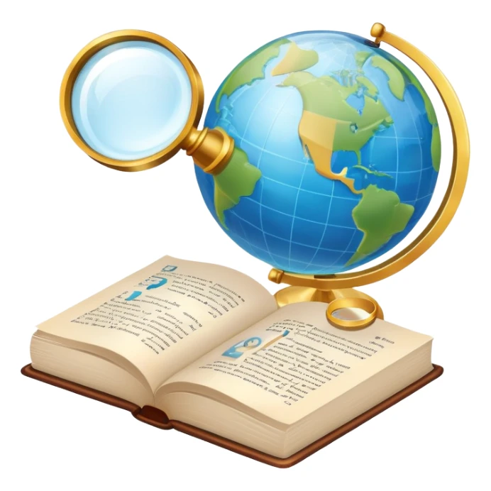 An icon featuring an open book, a speech bubble, and a magnifying glass, symbolizing philology and linguistics. The design includes language symbols, a globe, and alphabet letters, representing the study of languages and their structures. Transparent background  sticker