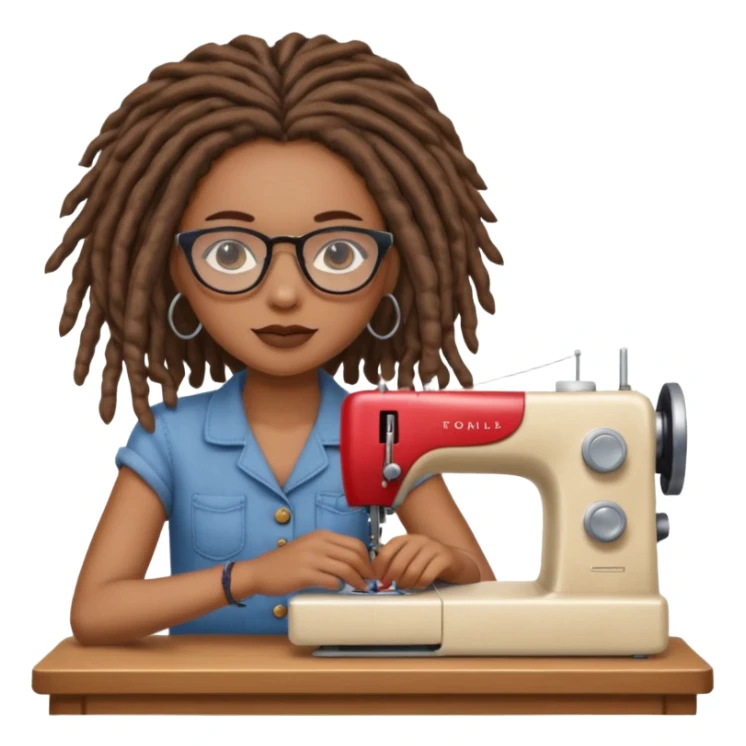 A beautiful African American girl, flawless medium skin tone, glasses, slightly rosey cheeks, natural chin length dread locks, sitting with her sewing machine, still life, 3D rendering, ultra realistic highly detailed, 4k, no emoji icons, no emoji faces. sticker