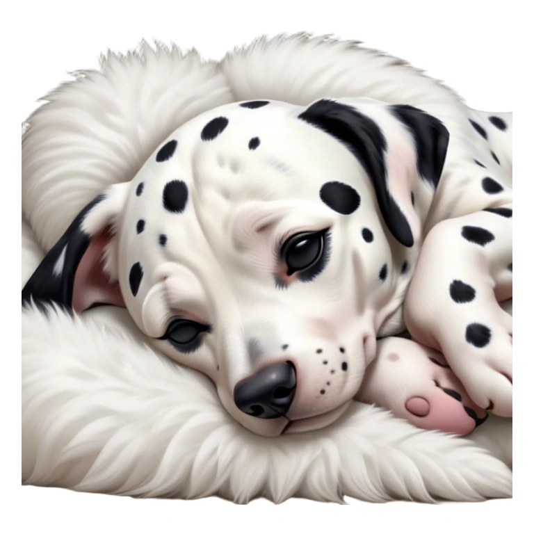 Meme-Worthy Cute Sleeping Spotted Dalmatian Portrait Emoji, Head resting peacefully with a contented smile, showcasing a delightfully majestic build and a luxuriously soft Fur of predominantly white with bold black patches, eyes shut in a serene nap, Simplified yet hilariously adorable features, highly detailed, glowing with a soft, drowsy light, high shine, relaxed and utterly lovable, stylized with an air of playful laziness, bright and heartwarming, soft glowing outline, capturing the essence of a comically sleepy guardian, so meme-worthy it feels like it could instantly become the next viral sensation of adorable slumber! sticker