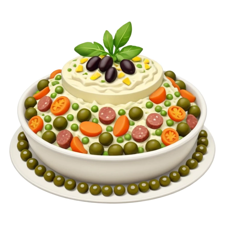 Salată de boeuf: a Romanian festive salad made with finely chopped boiled vegetables, pickles, peas, and beef or chicken, all mixed with mayonnaise and decorated with olives and pickles. sticker