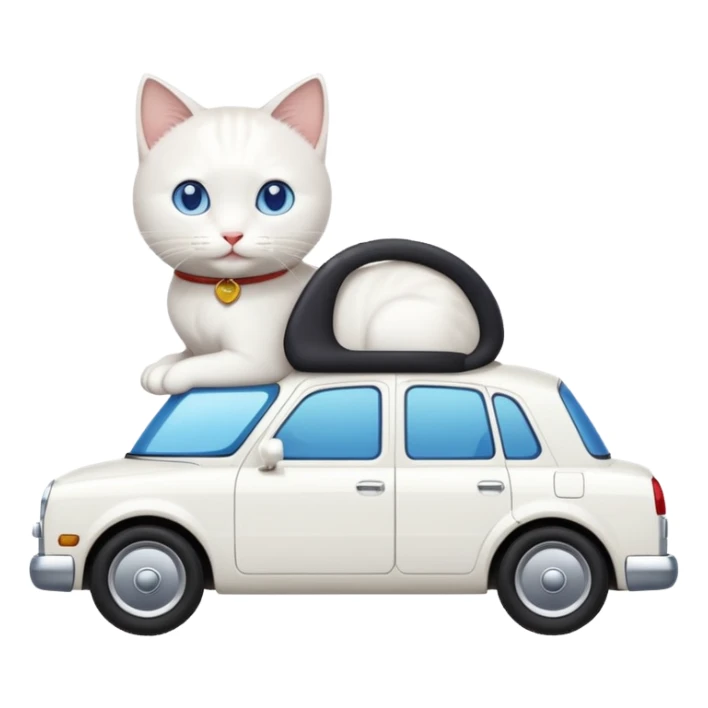Please create a small emoji the size of 🚗 featuring a pure white cat with short tail with blue eyes on a white saloon car viewed from side. Again it is necessary that the emoji must be extremely small, much smaller than a standard sized sticker. sticker