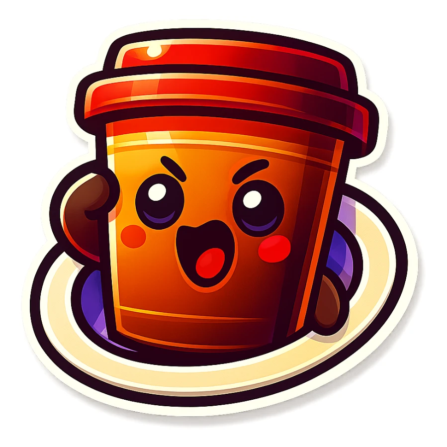 Tall coffee cup, dramatic, hiding, behind plate sticker