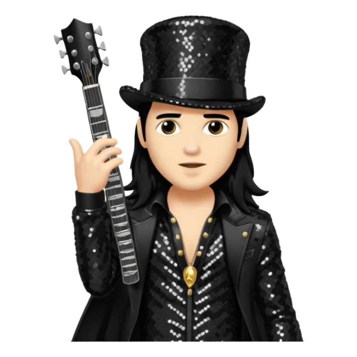 Slash from Gun n Roses with long jet black hair, black sequin outfit sticker