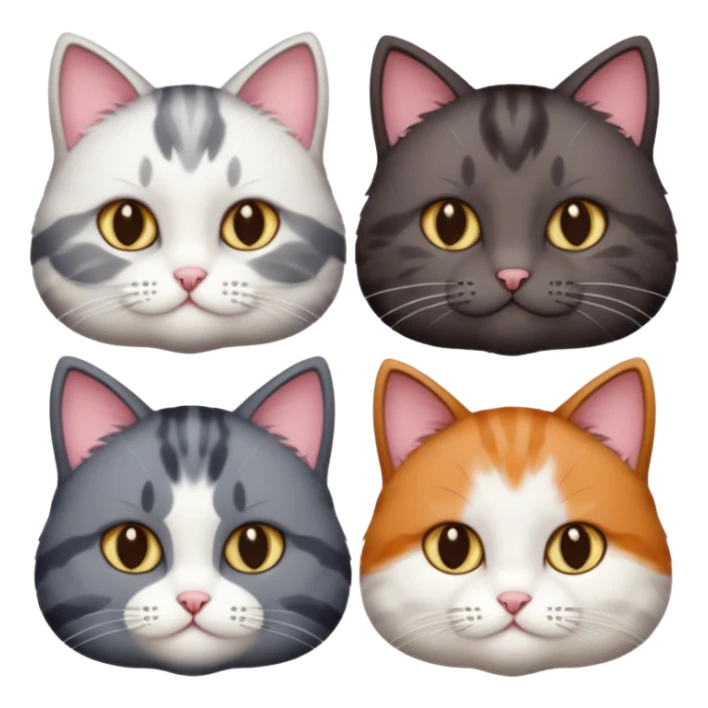 4 different coloured short haired cats including; a dark brown and white cat, and a dark grey and white  sticker