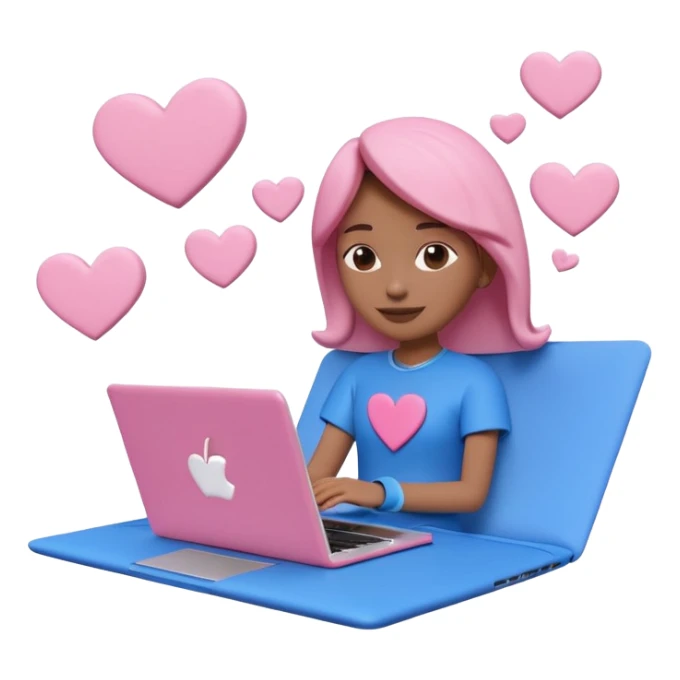 3D clay character relaxed with laptop and coffee, floating icons (envelope, heart, dollar), electric blue (#4A90D9) outfit, pink (#FF6B9D) floating icons, white laptop, Pixar style, transparent background sticker