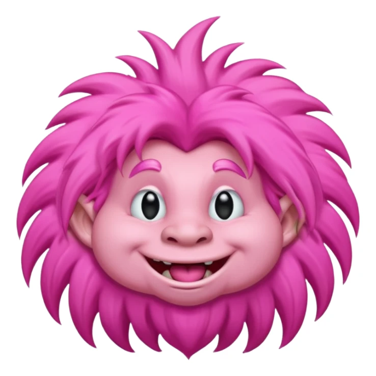 pink troll with long fluffy hair, cheerful expression sticker
