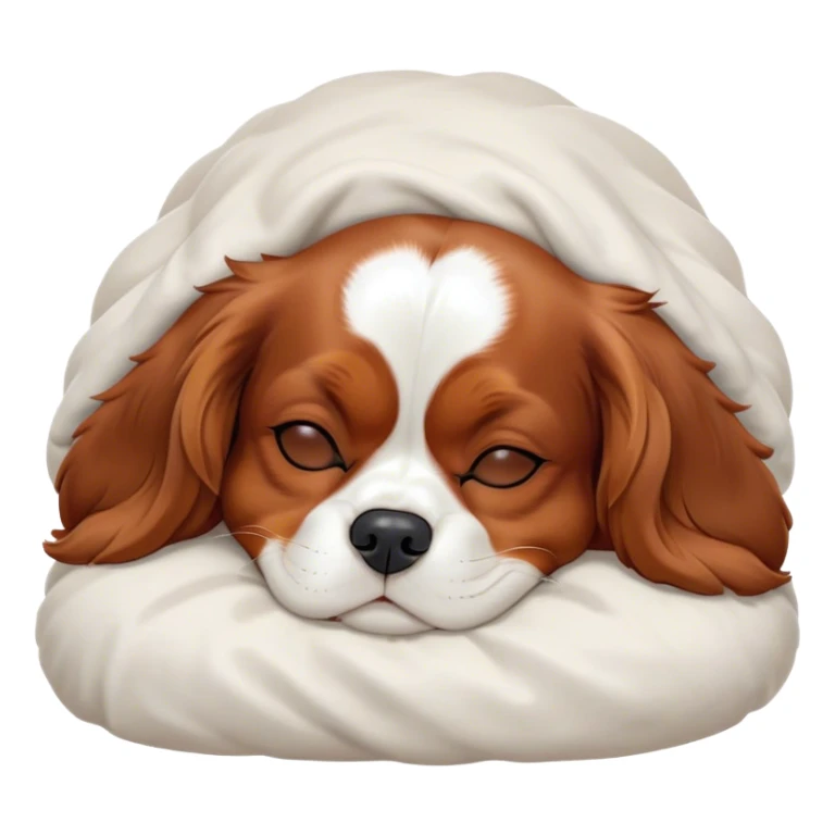 Cinematic Meme-Worthy cute Sleeping Cavalier King Charles Spaniel Portrait Emoji, Head resting peacefully with a contented smile, showcasing a delightfully cute build and a luxuriously soft coat of chestnut and white, eyes shut in a serene nap, Simplified yet hilariously adorable features, highly detailed, glowing with a soft, drowsy light, high shine, relaxed and utterly lovable, stylized with an air of playful laziness, bright and heartwarming, soft glowing outline, capturing the essence of a comically sleepy Cavalier King Charles Spaniel, so meme-worthy it feels like it could instantly become the next viral sensation of adorable slumber! sticker
