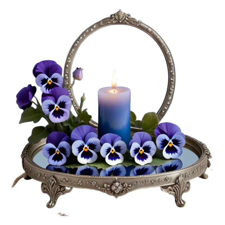 An enchanting nighttime scene where rich blue pansies bloom in a mystical landscape, their petals appearing almost luminous under the soft radiance of a silver crescent moon. A pearl-colored candle, embellished with intricate celestial symbols, sits atop an antique mirror tray, reflecting its warm glow. Wisps of silver mist curl around the flowers, and tiny glowing stars seem to hover just above the ground, adding to the dreamlike atmosphere. In the distance, a faint silhouette of a gothic archway frames the moon, enhancing the scene’s otherworldly beauty. sticker