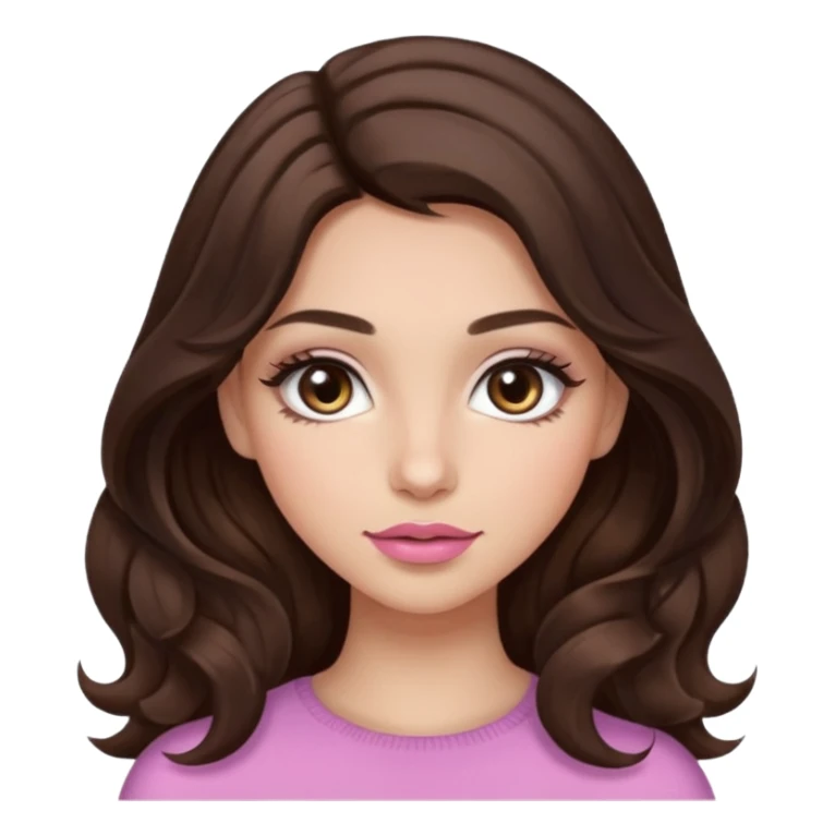 girl with wavy long dark brown hair, brown eyes, light to medium complexion, long lashes, almond shaped eyes, light pink lipstick sticker