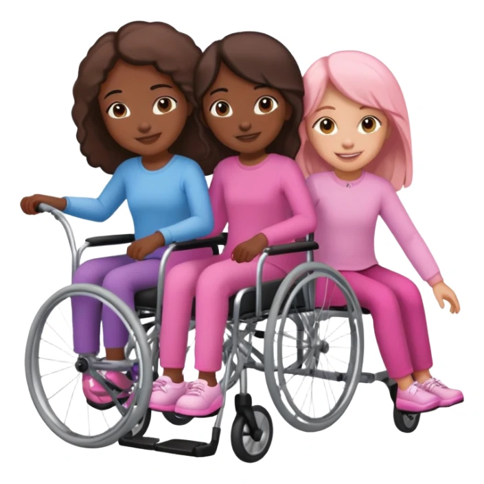 One dark skinned sister and one tan skinned sister pushing her light brown sister in a pink wheelchair sticker